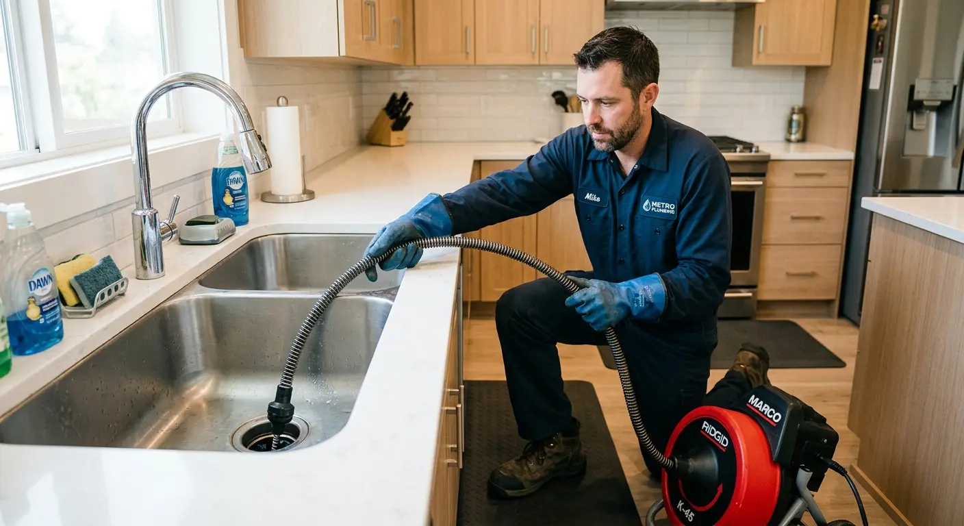 Drain cleaning technician using a motorized snake on a kitchen sink in McKenzie