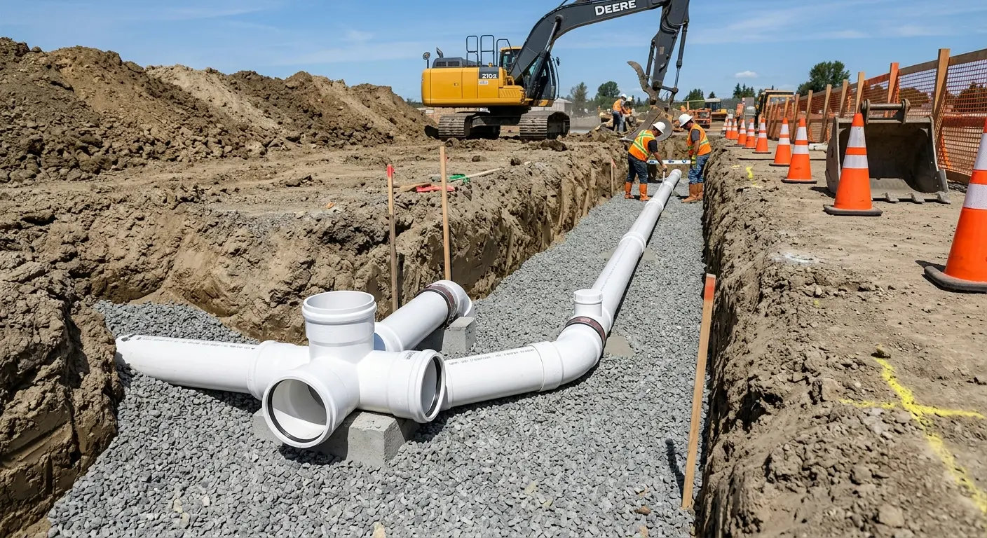 New PVC sewer pipe installation in open trench for Sewer Backup in McKenzie