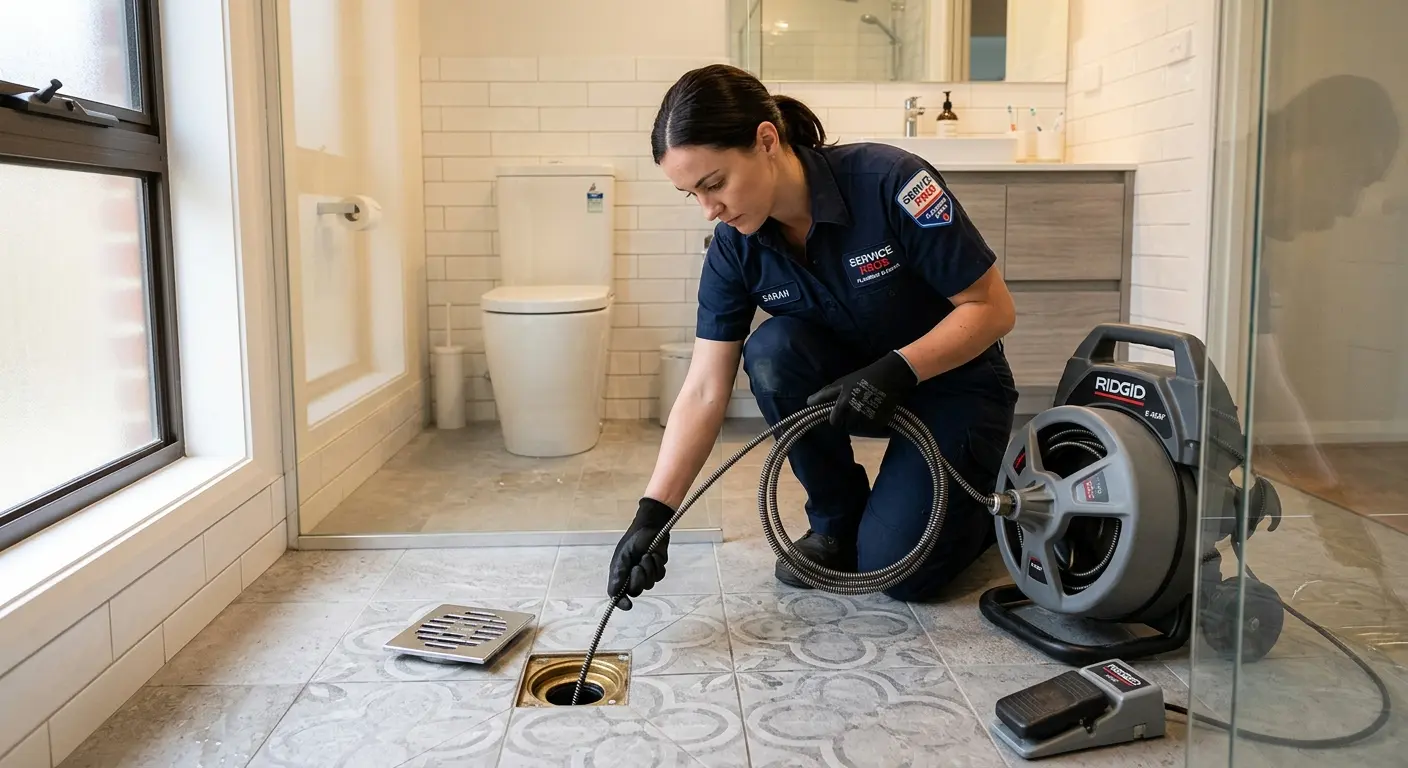 Technician clearing a bathroom floor drain for Drain Cleaning in McKenzie